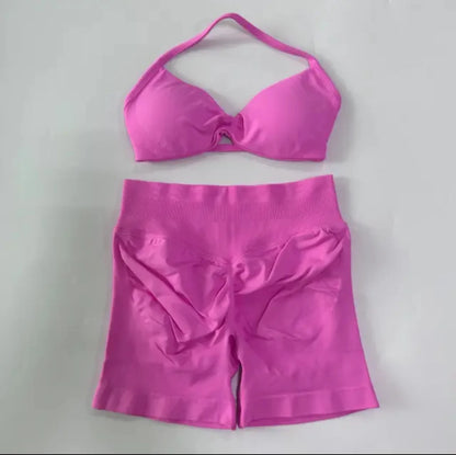 DFYIVE Yoga Gym Set 2 Piece Women Strappy Yoga Bra Top Workout Scrunch Shorts Sports Suit Fitness Clothes Seamless Yoga Set