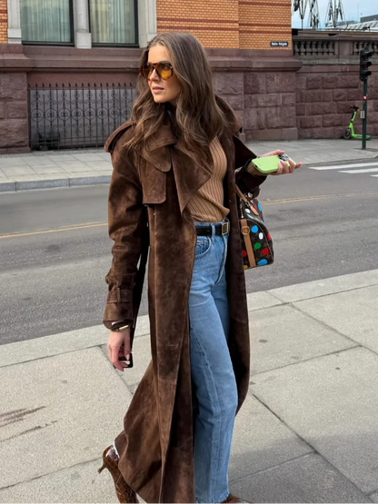 Brown Long Suede Overcoat Women Fashion Solid Chic Lapel Single Breasted Loose Outerwear Lady Autumn Daily Highstreet Jacket