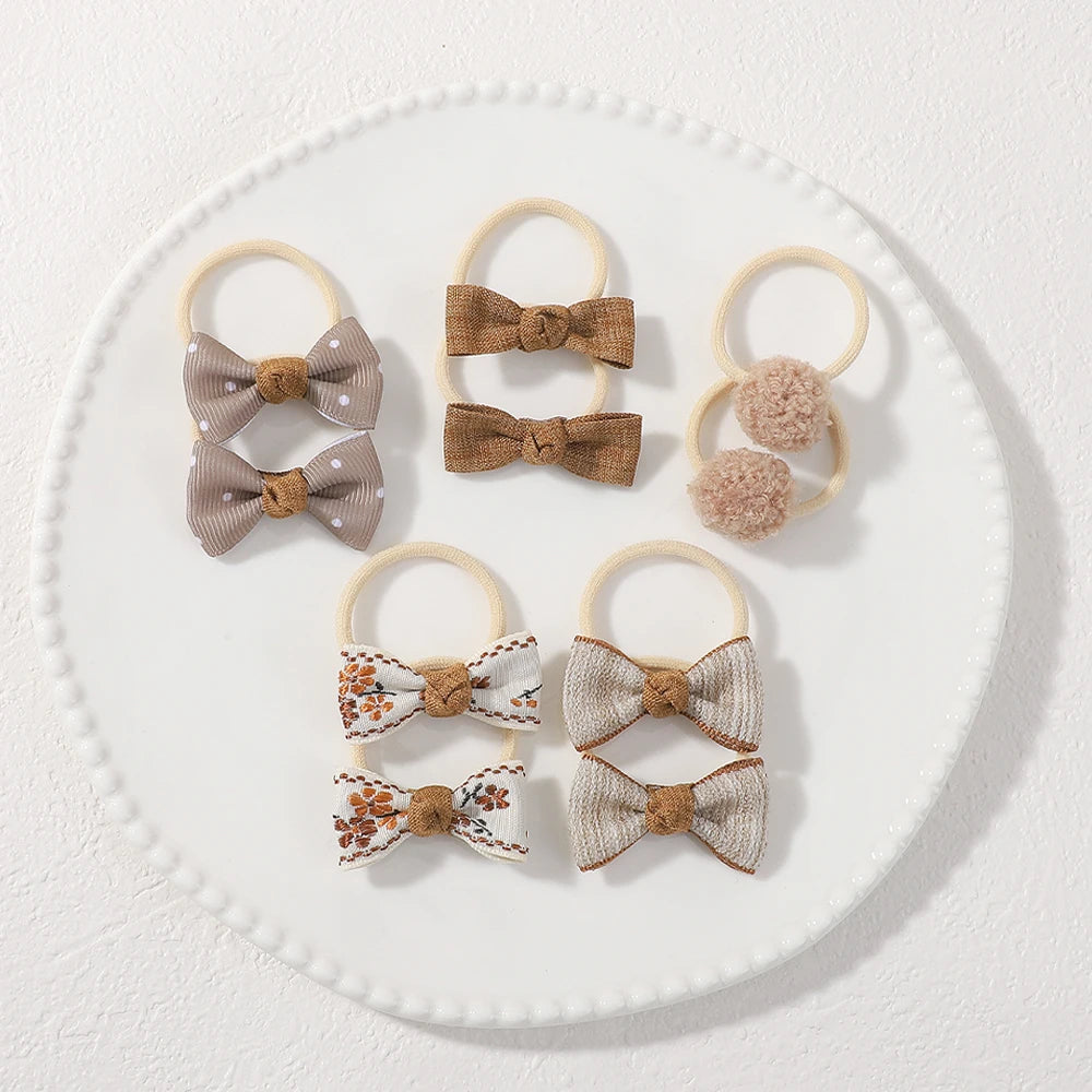 10Pcs/Set Baby Girls Bows Hair Bands Cartoon Dot Bowknot Flower Kids Hair Ropes Handmade Rubber Band Hair Accessories