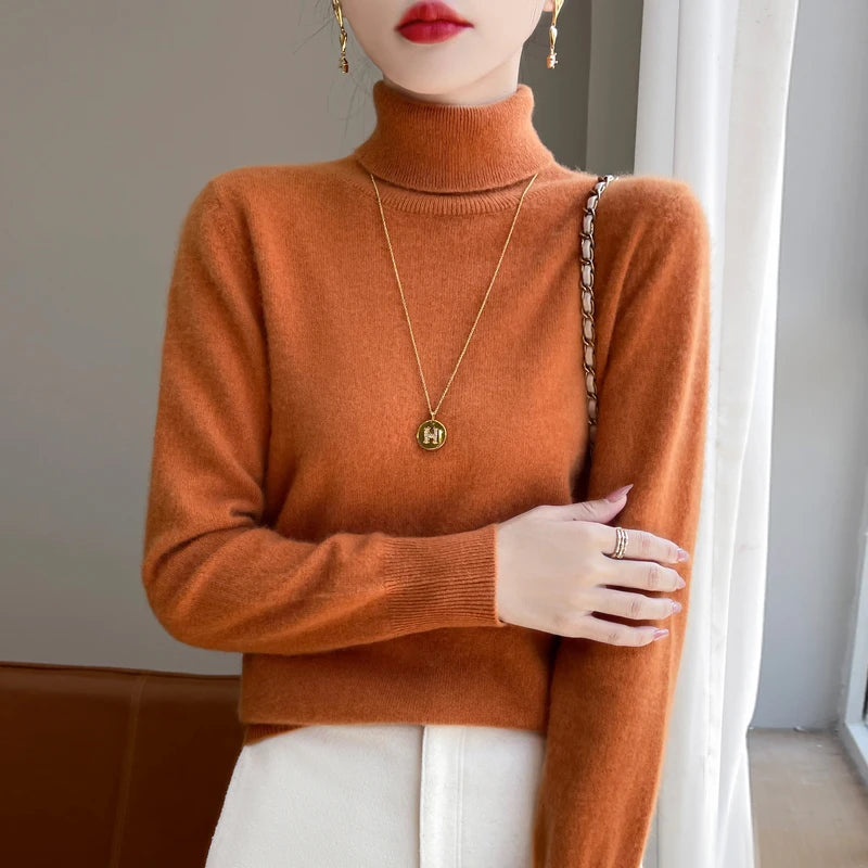 100% Merino Wool Cashmere Sweater Women Knitted Sweater Turtleneck Long Sleeve Pullovers Autumn Winter Clothing Warm Jumper Tops
