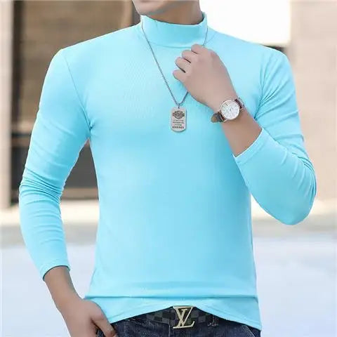 Fashion Men's Oversize High Collar Long Sleeves Autumn Winter Pure Thermal Shirt for Men  Layering Stylish T-Shirt