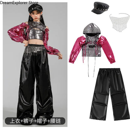 Girls K-pop Fashion Shiny Crop Top Hoodies Street Dance Pants Child Hip Hop Jazz Streetwear Clothes Sets Kids Girl Group Costume