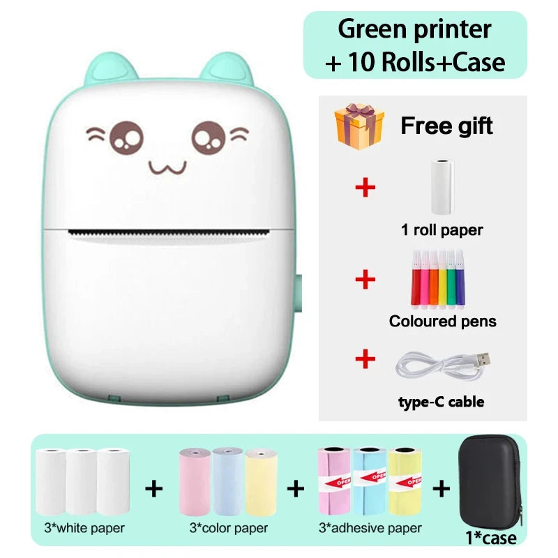58mm Mini Portable Thermal Printer Cat Shapes Lightweight Wireless Photo Label Memo Wrong Question Printing USB Cable Printer