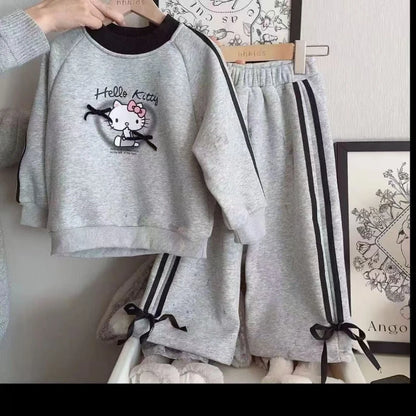 Baby Girl Clothes Set Autumn Kid Hello Kitty Sweatshirts Pullover Bow Top & Striped Pants 2pcs Suit Children Tracksuits Outfits