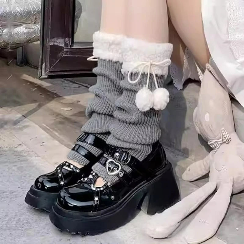 Autumn Winter Lolita Leg Warmers Socks with Ball Knitted Warm Foot Cover White Black Grey Warmer Lady Crochet Sock Boot Cuffs