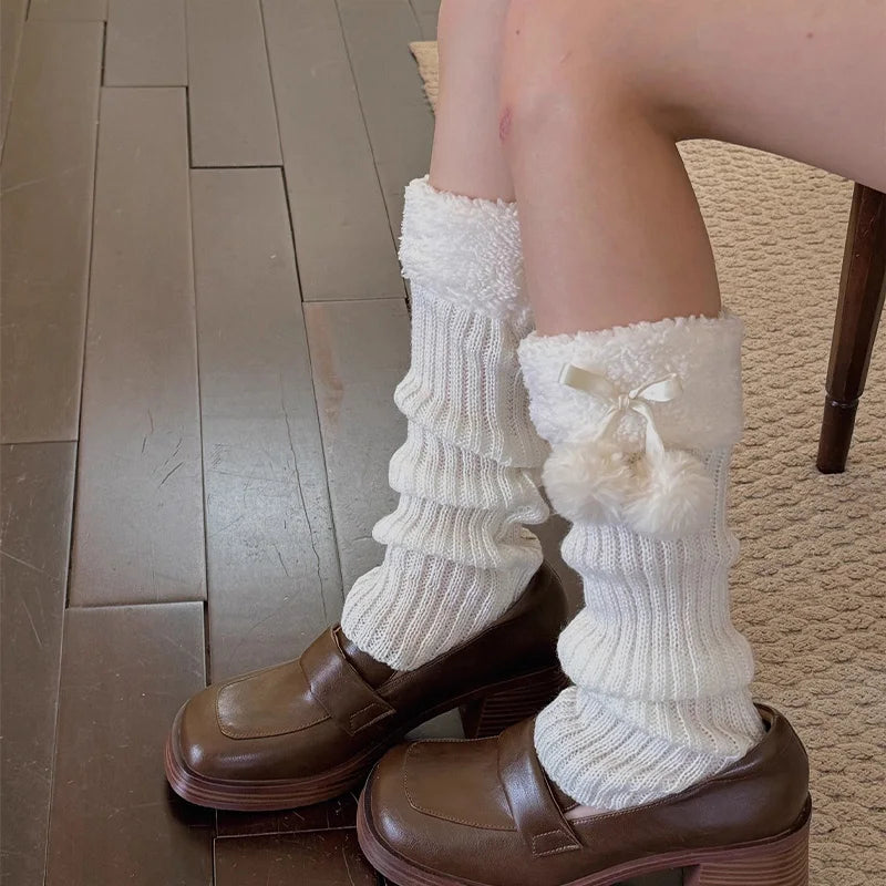 Autumn Winter Lolita Leg Warmers Socks with Ball Knitted Warm Foot Cover White Black Grey Warmer Lady Crochet Sock Boot Cuffs