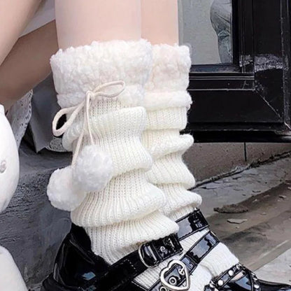 Autumn Winter Lolita Leg Warmers Socks with Ball Knitted Warm Foot Cover White Black Grey Warmer Lady Crochet Sock Boot Cuffs