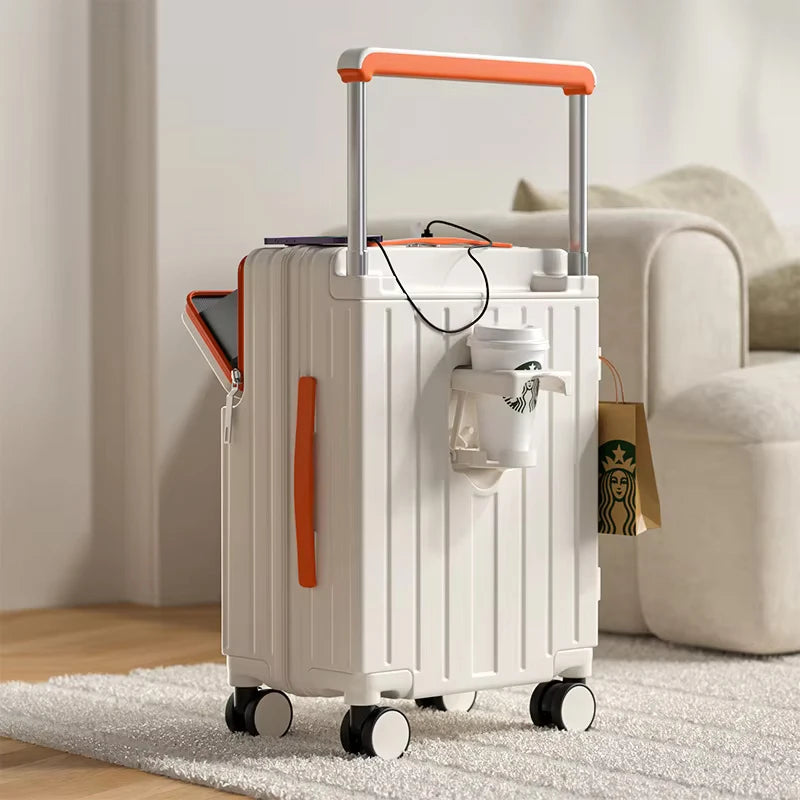 KLQDZMS Cabin Suitcase Front Laptop Boarding Case USB Charging Trolley Case 20"22"24"26 Inch Multifunctional Women's Luggage