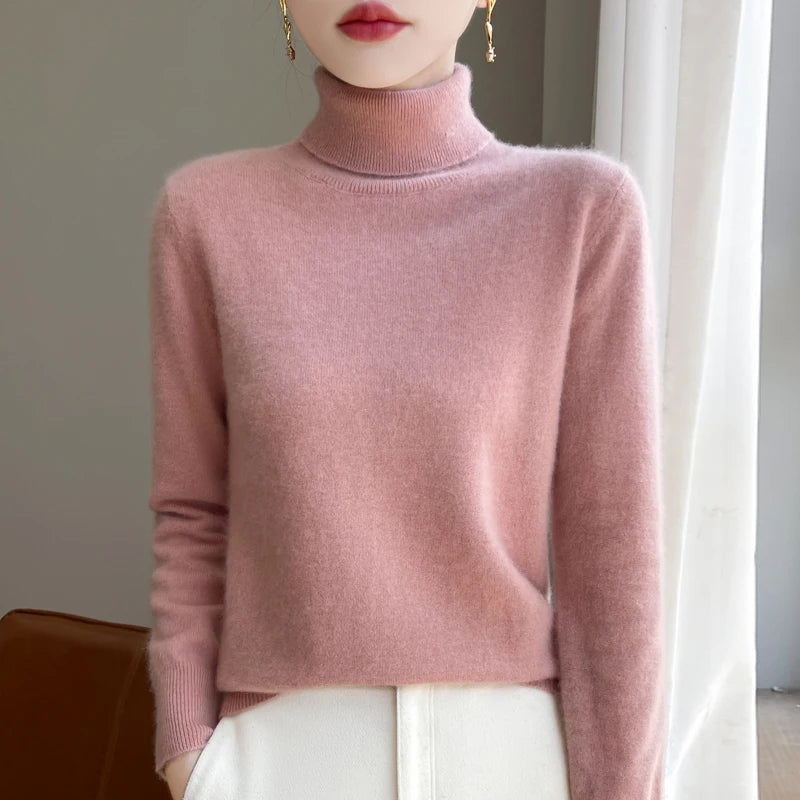 100% Merino Wool Cashmere Sweater Women Knitted Sweater Turtleneck Long Sleeve Pullovers Autumn Winter Clothing Warm Jumper Tops
