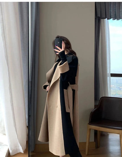Winter New Color Block Slimming Hepburn Style Woolen Coat Women's Long Belted Gown Elegant Outerwear