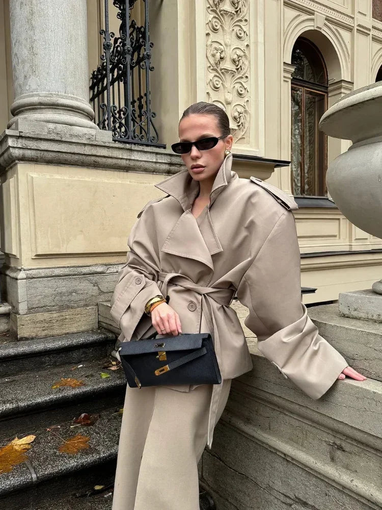 Solid Lapel Lace Up Jacket Elegant Chic Full Sleeve Button Loose Long Coat For Women 2025 New Office Lady Daily Commute Overcoat