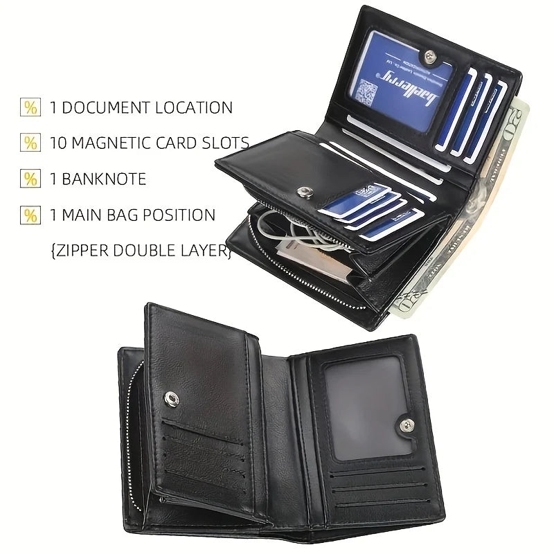 Men's PU Leather Short Wallet Zipper Coin Pocket Big Capacity Card Holder