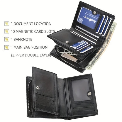 Men's PU Leather Short Wallet Zipper Coin Pocket Big Capacity Card Holder