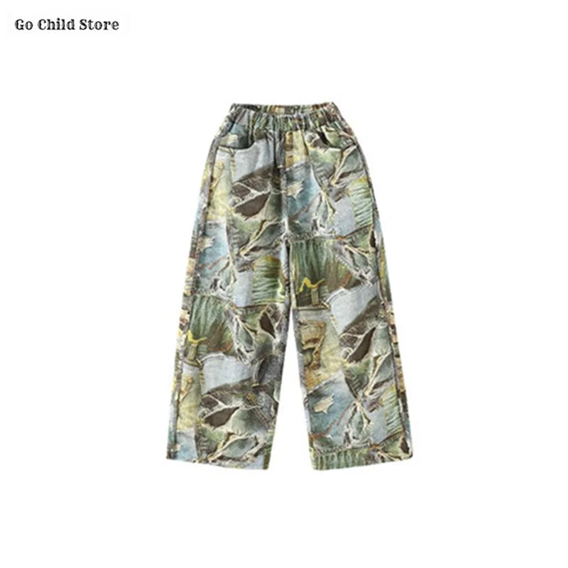 Girls Hip Hop Shiny Golden Crop Top Patchwork Jeans Pants Kids Streetwear Child Jazz Girl Group Costumes K-pop Retro Clothes Set