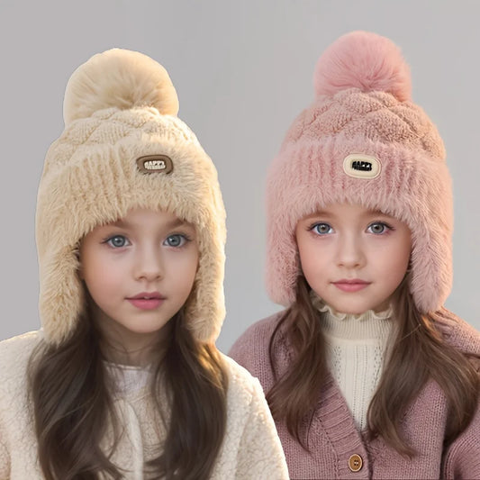 Kids Winter Hat with Ear Flaps - Soft Warm Beanie for Boys & Girls, Pastel Pink Cold Weather Skiing, Snowboarding, Outdoor