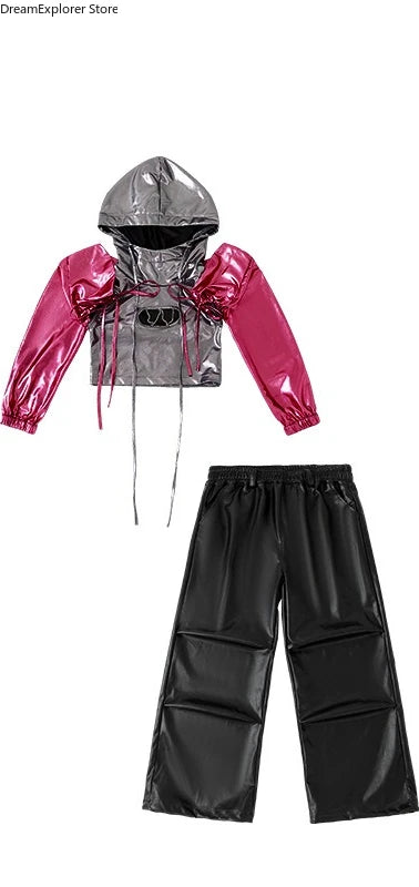 Girls K-pop Fashion Shiny Crop Top Hoodies Street Dance Pants Child Hip Hop Jazz Streetwear Clothes Sets Kids Girl Group Costume