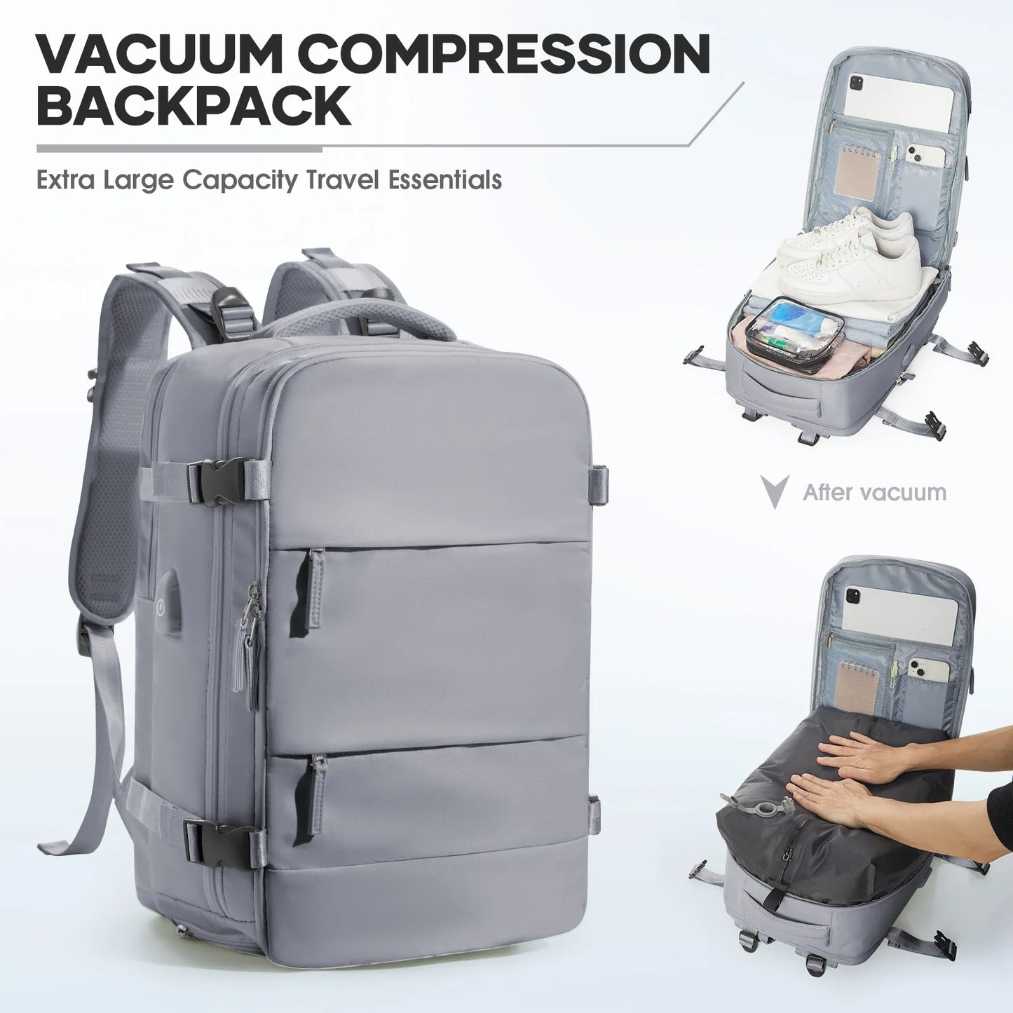Large Vacuum Travel Backpack with Pump for Women Men, Personal Effects Carry-on Luggage Backpack 47x33x20cm,   Laptop School Bag