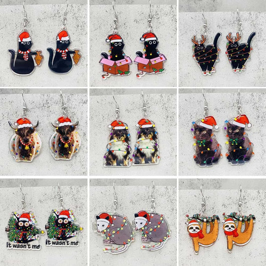 Cute Christmas Earrings Colorful Lights Christmas Tree Cat Acrylic Earrings for Women Holiday Jewelry Accessories Gifts