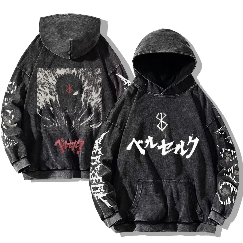 Mens Berserk Hoodies Gothic Print Vintage Washed Hoodie Hip Hop Streetwear Cotton Sweatshirts Harajuku Casual Hooded Pullover