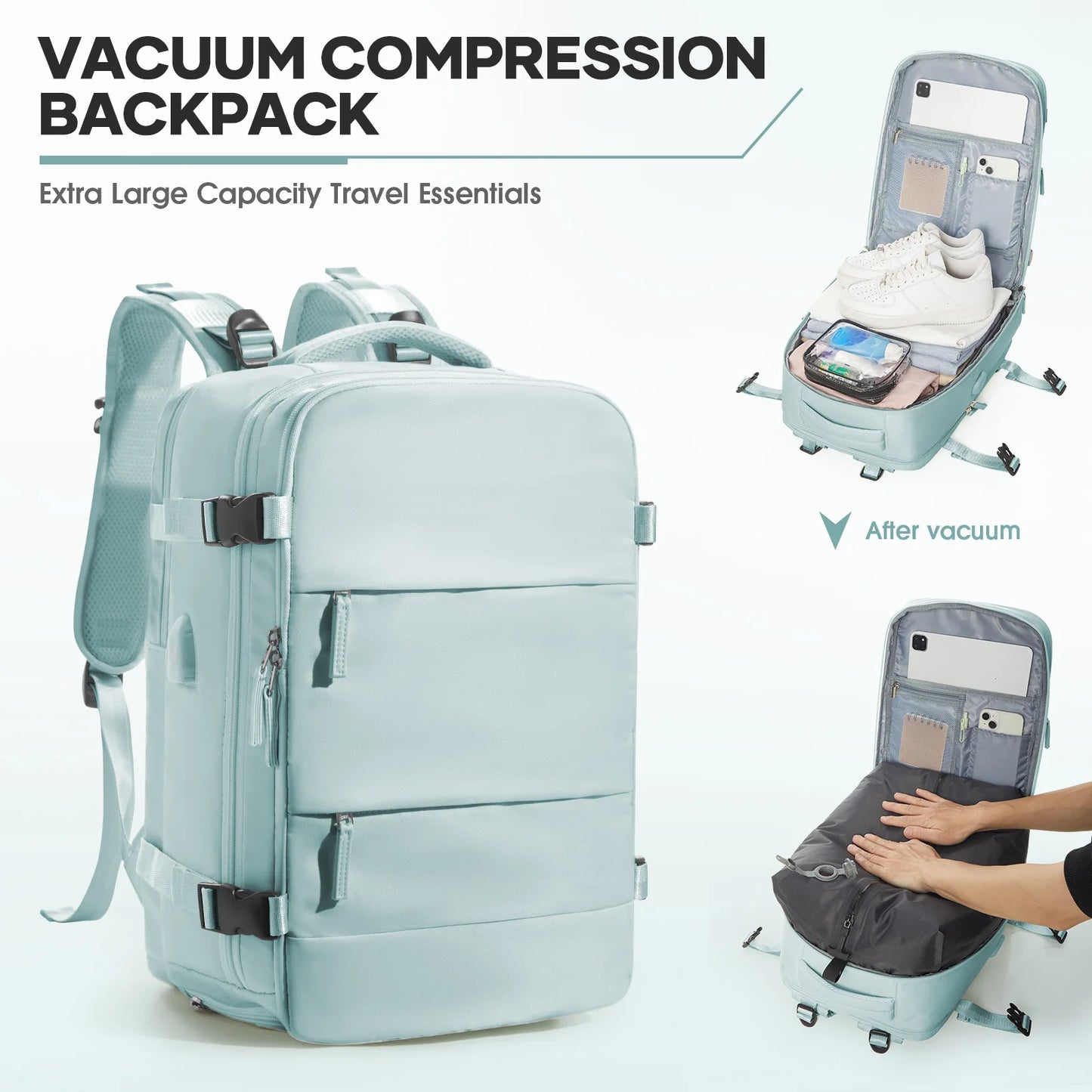 Large Vacuum Travel Backpack with Pump for Women Men, Personal Effects Carry-on Luggage Backpack 47x33x20cm,   Laptop School Bag