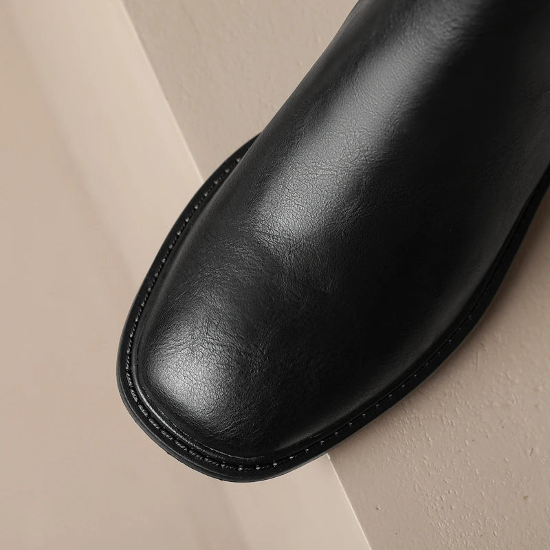 Women's New Autumn/Winter Genuine Leather Cowhide Mid Heel Large Metal Belt Buckle and Knee Zipper High Barrel Knight Boots