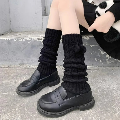 Autumn Winter Lolita Leg Warmers Socks with Ball Knitted Warm Foot Cover White Black Grey Warmer Lady Crochet Sock Boot Cuffs