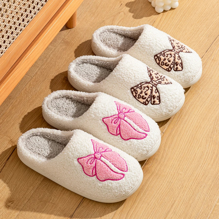 Women's Slippers Winter Indoor Elegant Beauty Bow Home Warm Soft Sole Good Breathability Comfortable Leisure Lady Bedroom Shoes