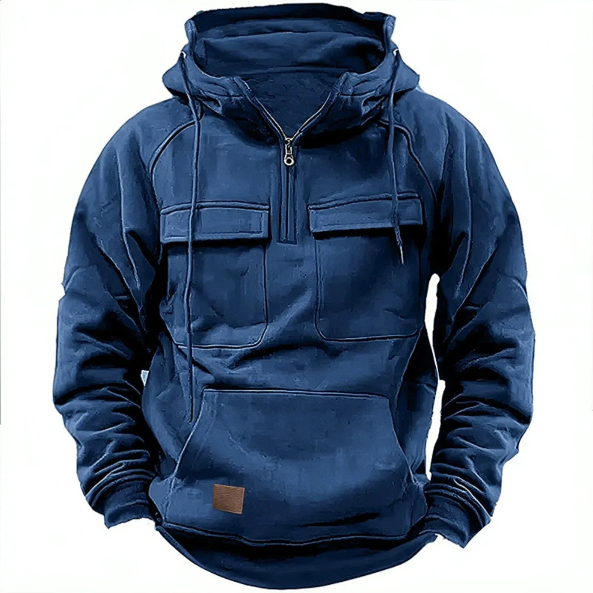 New autumn-winter men's hooded solid-color casual hoodie - fashionable young man's multi-pocket patch hoodie pullover shirt