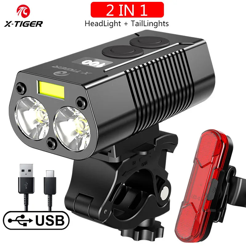 X-TIGER Waterproof MTB Bike Light Aluminum Alloy Road Cycling USB Rechargeable Headlight 2400 Lumens Bicycle Light Accessories