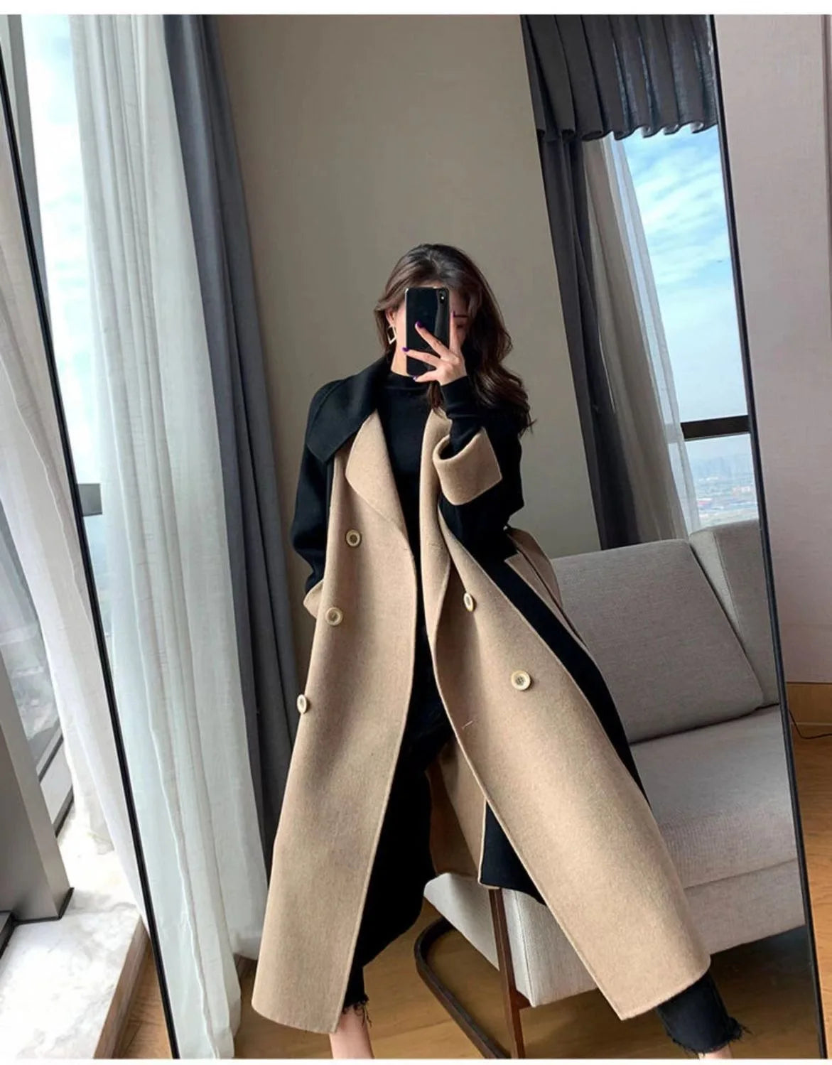 Winter New Color Block Slimming Hepburn Style Woolen Coat Women's Long Belted Gown Elegant Outerwear
