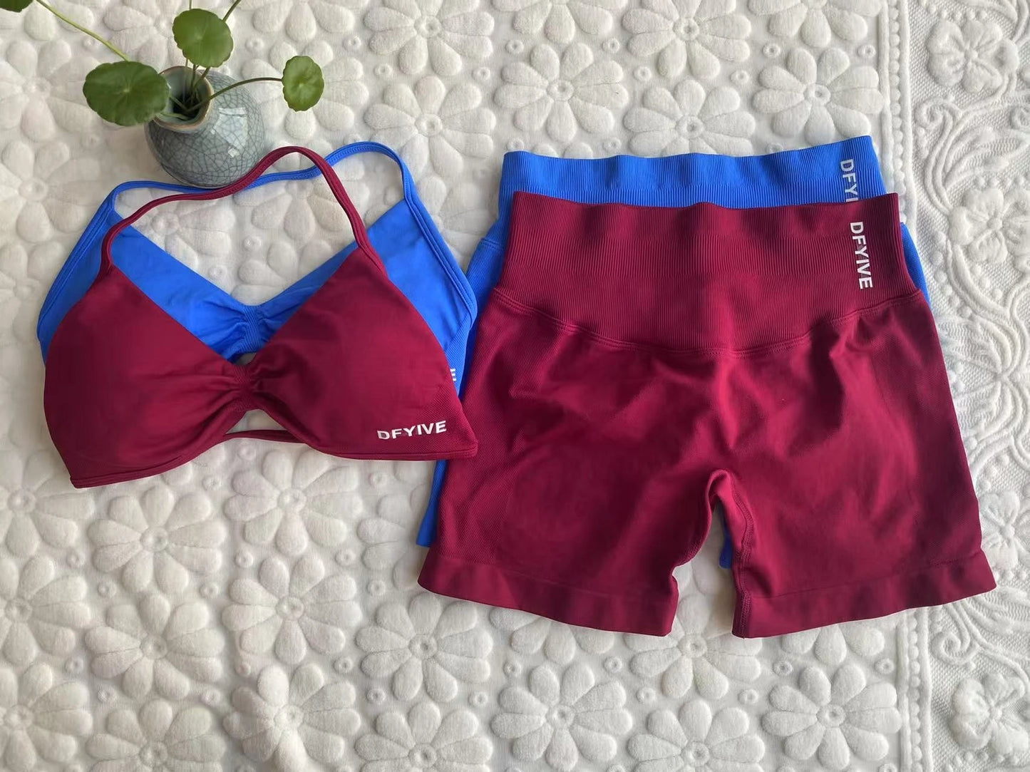 DFYIVE Yoga Gym Set 2 Piece Women Strappy Yoga Bra Top Workout Scrunch Shorts Sports Suit Fitness Clothes Seamless Yoga Set