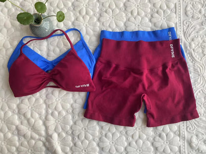 DFYIVE Yoga Gym Set 2 Piece Women Strappy Yoga Bra Top Workout Scrunch Shorts Sports Suit Fitness Clothes Seamless Yoga Set