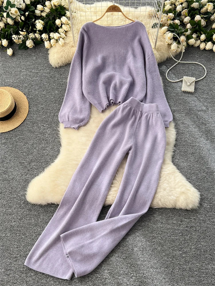 SINGREINY 2025 Winter Thick Women Suits Loose Sweater Tops+High Waist Wide Legs Long Pants Autumn Solid Causal Warm 2 Piece Sets