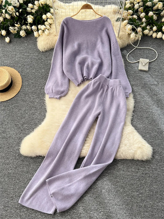 SINGREINY 2025 Winter Thick Women Suits Loose Sweater Tops+High Waist Wide Legs Long Pants Autumn Solid Causal Warm 2 Piece Sets