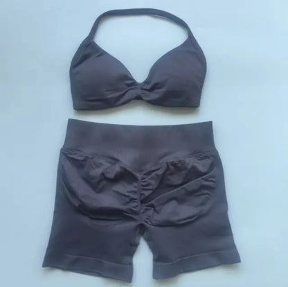 DFYIVE Yoga Gym Set 2 Piece Women Strappy Yoga Bra Top Workout Scrunch Shorts Sports Suit Fitness Clothes Seamless Yoga Set
