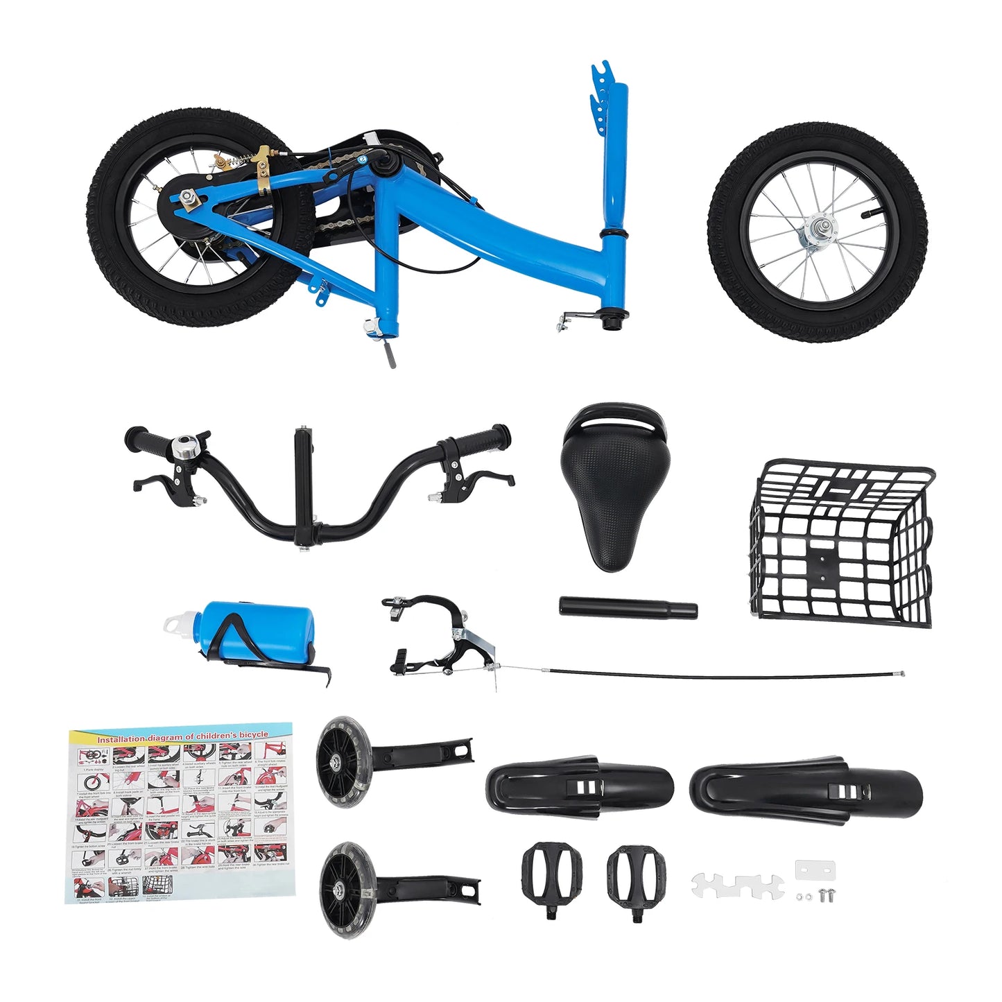 Bicicleta infantil de 30 cm com rodas, suporte para garrafa e cesto | Bicicleta de criança azul/vermelha/rosa para 2 a 5 anos