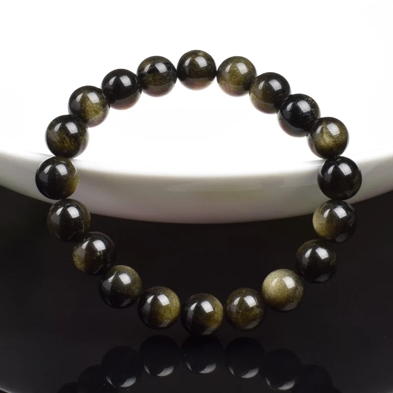 Natural Golden Obsidian Stone Beads Bracelet Men Women Golden Light Rainbow Obsidian Raw Stone Round Bead Natural Energy Jewelry