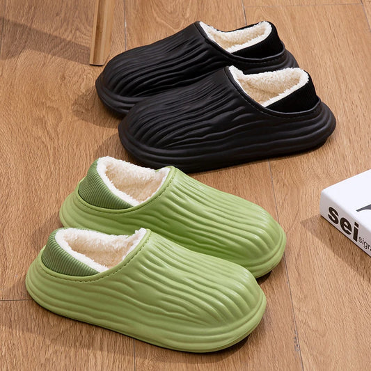 New EVA Short Plush Waterproof couples Slippers Winter  Warm striped  women Cotton Shoes Soft Thick Comfort Home floors Slides