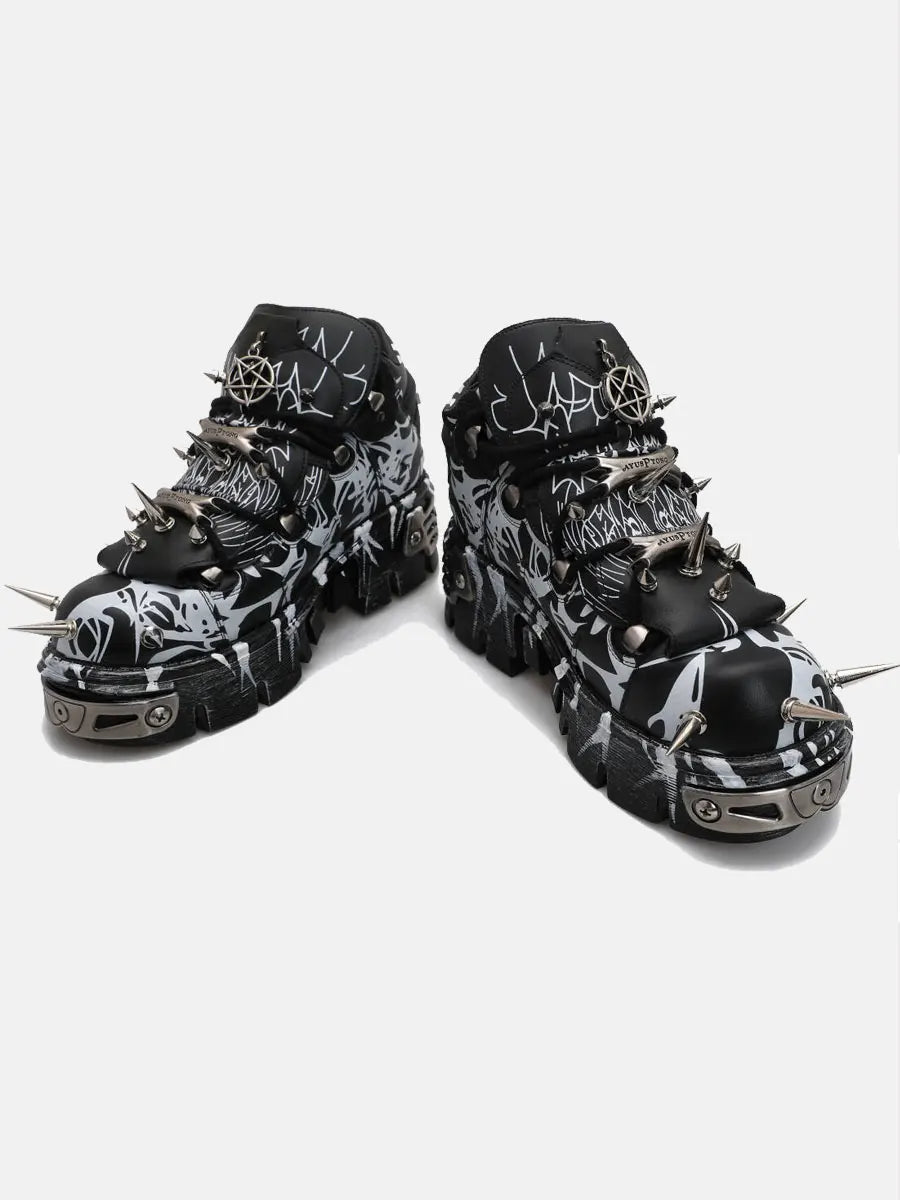 2025 New Original Design Graffiti Platform Men's and Women's Dark Rivets Rock Punk Heightening Muffin Casual Dad Shoes