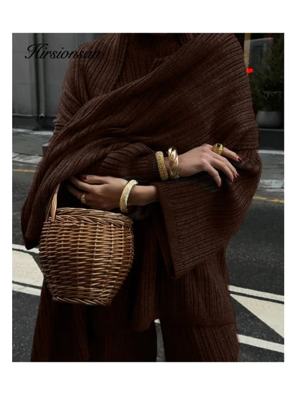 Hirsionsan Soft Elegant Vintage Women Suits 3 Pieces Female Sets O Neck Sweater & Wild Leg Pants with Scarf Knitted TrackSuit