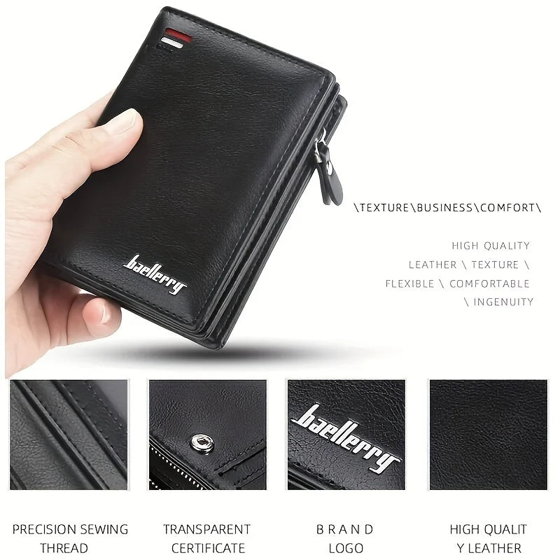 Men's PU Leather Short Wallet Zipper Coin Pocket Big Capacity Card Holder