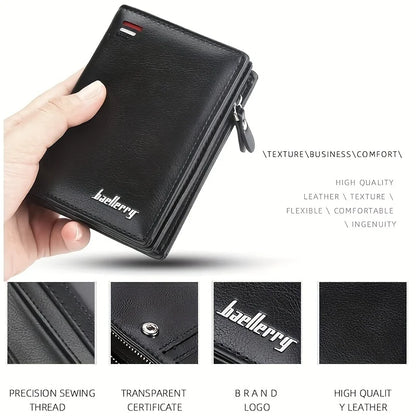 Men's PU Leather Short Wallet Zipper Coin Pocket Big Capacity Card Holder