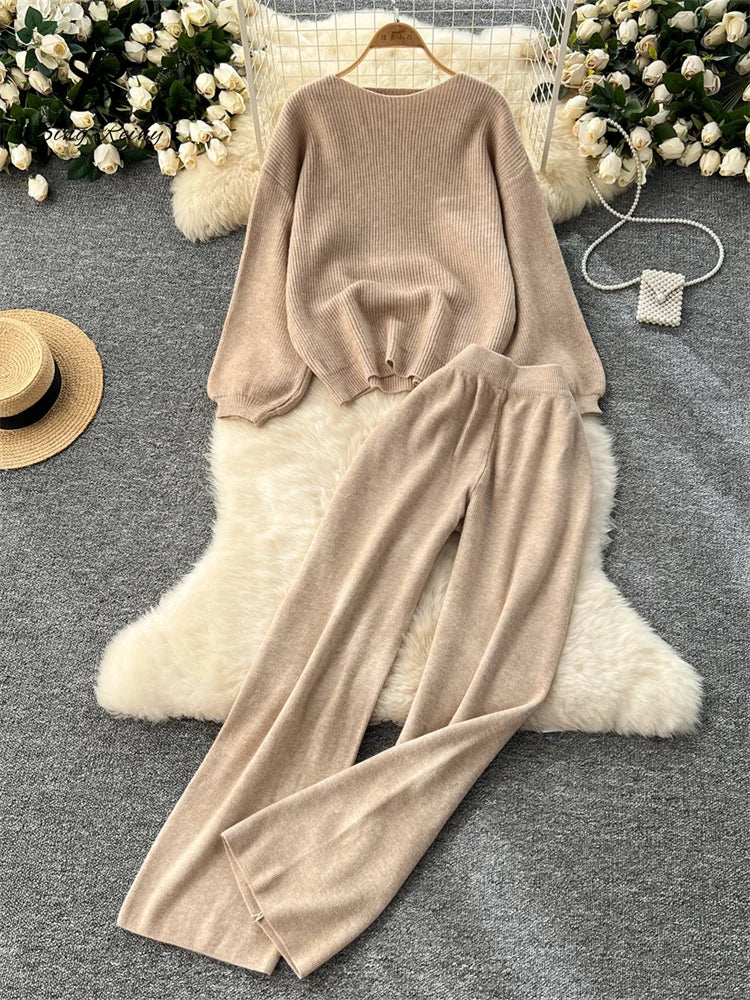 SINGREINY 2025 Winter Thick Women Suits Loose Sweater Tops+High Waist Wide Legs Long Pants Autumn Solid Causal Warm 2 Piece Sets