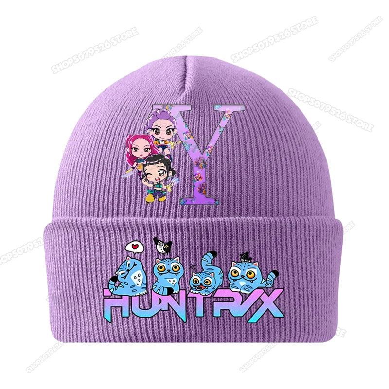 Kpop Demon Hunters Letter A-Z Knitted Hat Cartoon Music Girl Beanies Cap Kids Winter Warm Bonnet Cartoon Toddler Skullies Beanie