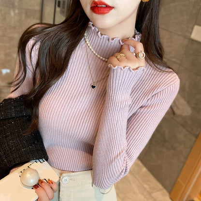 Elegant Women Knitted Primershirt Fashion Ruffled Knitted Pullover Long Sleeved Sweater Autumn Winter Slim Casual Solid Tops