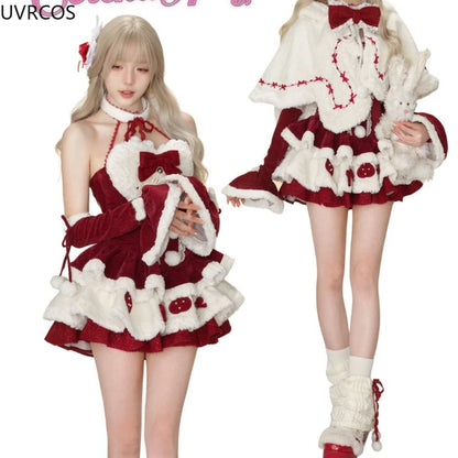 Winter Christmas Lolita 3 Piece Sets Women Kawaii Plush Bunny Ear Hooded Cloak Coat Bow Mini Dresses Korean Style Y2k Sweet Suit