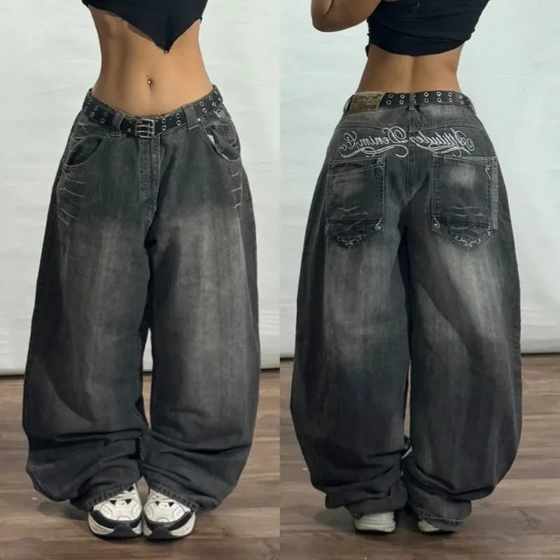 American Fashion New Black Old Washed Holes Baggy Jeans Ladies Y2K Vintage Punk Fashion Casual Joker High Waist Wide Leg Pants