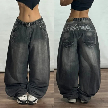 American Fashion New Black Old Washed Holes Baggy Jeans Ladies Y2K Vintage Punk Fashion Casual Joker High Waist Wide Leg Pants