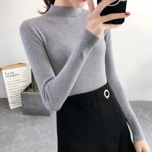 Autumn Winter Mock Neck Women Sweater Vintage Basic Solid Knitted Korean Tops Casual Slim Pullover Sweaters Simple Chic Jumpers