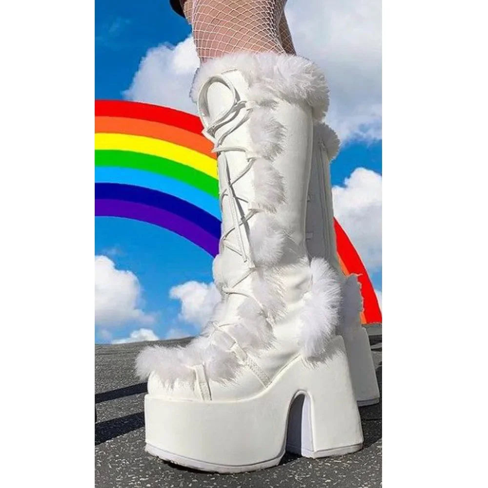 2024 Winter Big Size 43 y2k White Punk Style Women's Faux Fur Chunky Platform Boots Gothic Black Block High Heels Shoes